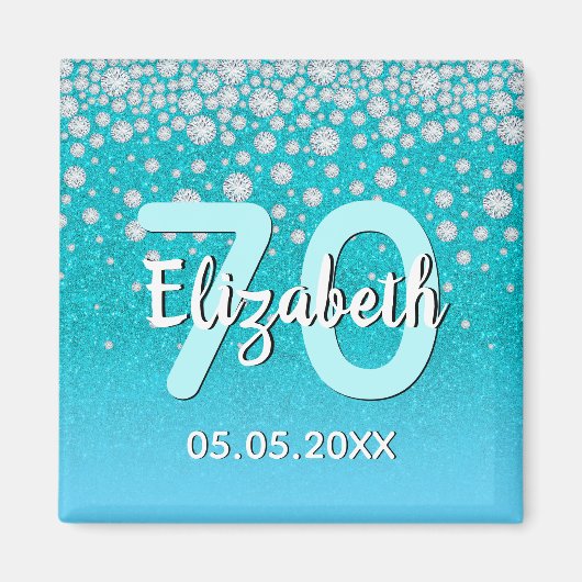 70e verjaardag blauwgroen blauwe glitter naam diam magneet (Voorkant)