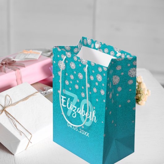 70e verjaardag blauwgroen blauwe naam diamanten medium cadeauzakje