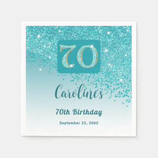 70e Verjaardag  Blauwgroen Blue Glitter servetten