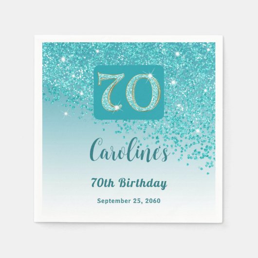 70e Verjaardag  Blauwgroen Blue Glitter servetten (Voorkant)