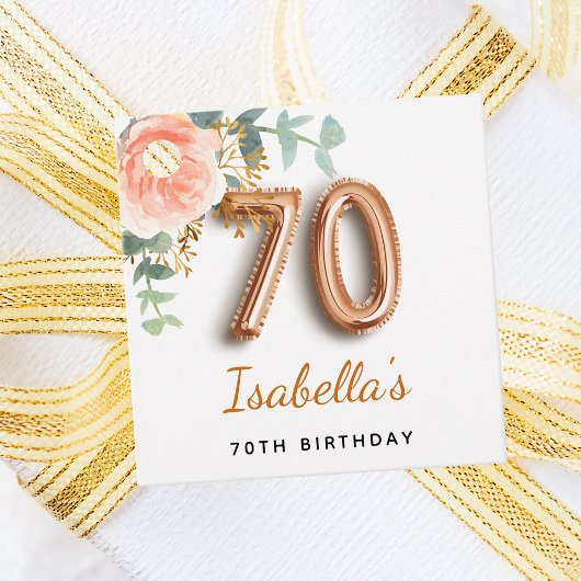 70e verjaardag bloem roos goud eucalyptusmonogram bedankjes labels