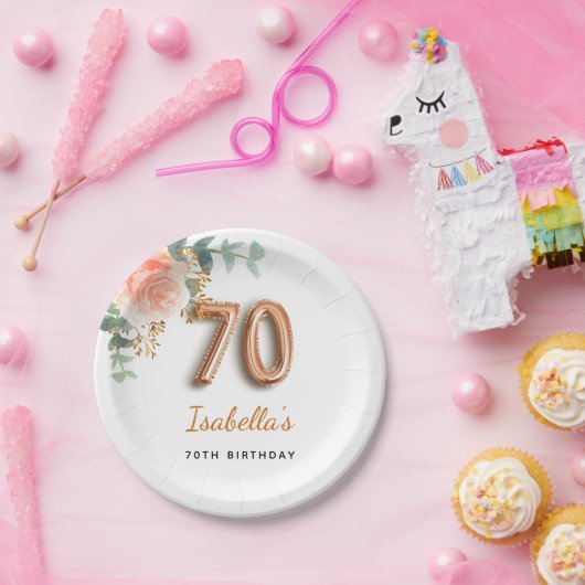 70e verjaardag bloem roos goud eucalyptusmonogram papieren bordje (Feest)