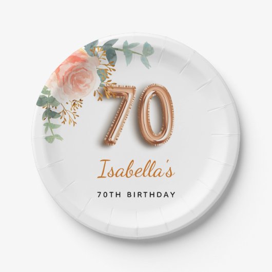 70e verjaardag bloem roos goud eucalyptusmonogram papieren bordje (Voorkant)