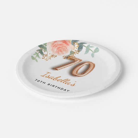 70e verjaardag bloem roos goud eucalyptusmonogram papieren bordje (Gekanteld)