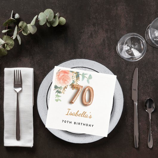 70e verjaardag bloem roos goud eucalyptusmonogram servet