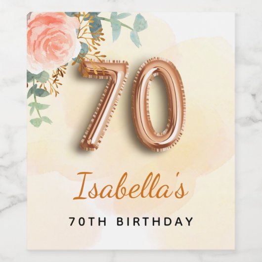 70e verjaardag bloem roos goud eucalyptusmonogram wijn etiket (Enkel label)