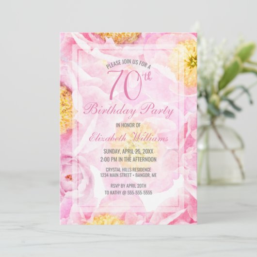 70e Verjaardag Bloemen Roze Pioen Waterverf Partij Kaart (Staand voorkant)