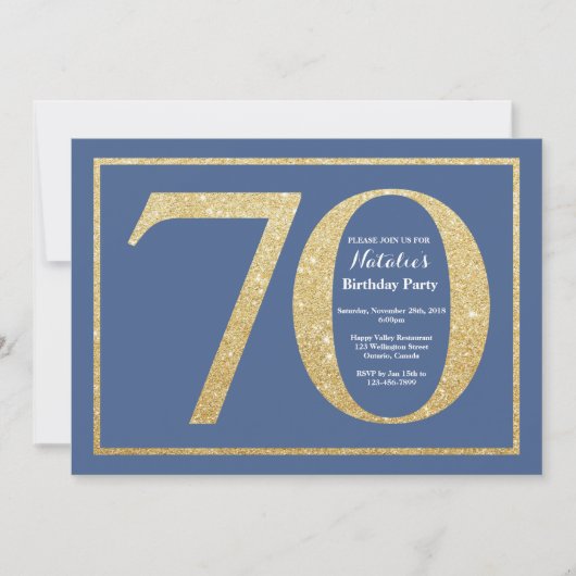 70e verjaardag Blue en Gold Glitter Kaart (Voorkant)