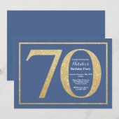 70e verjaardag Blue en Gold Glitter Kaart (Voorkant / Achterkant)