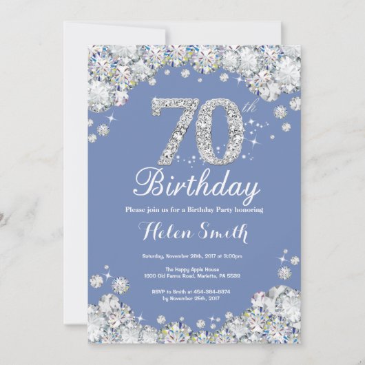 70e verjaardag Blue en Silver Diamond Kaart (Voorkant)
