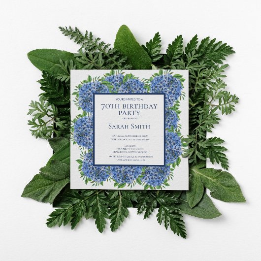 70e verjaardag Blue Hydrangeas Waterverf Party Inv Kaart