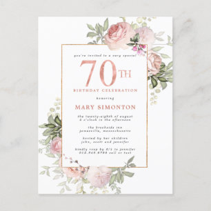 70e verjaardag Blush Pink Rose Bloemen Uitnodiging Briefkaart