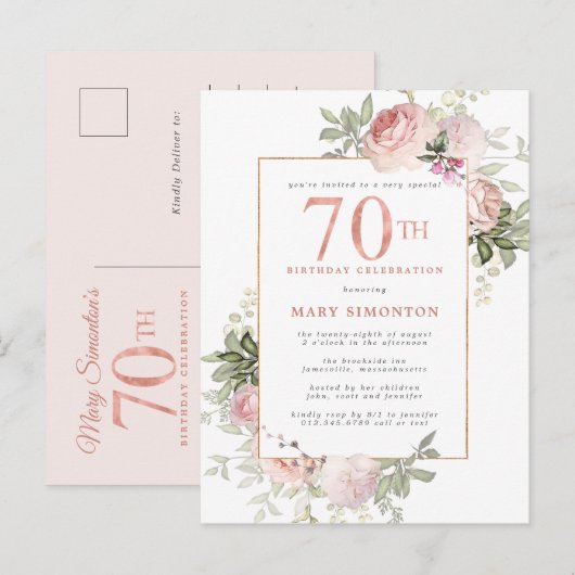 70e verjaardag Blush Pink Rose Bloemen Uitnodiging Briefkaart (Voorkant / Achterkant)