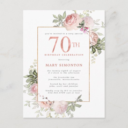 70e verjaardag Blush Pink Rose Bloemen Uitnodiging Briefkaart (Voorkant)