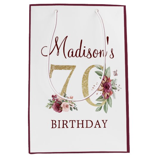 70e verjaardag Bourgogne Gold Floral gepersonalise Medium Cadeauzakje (Voorkant)