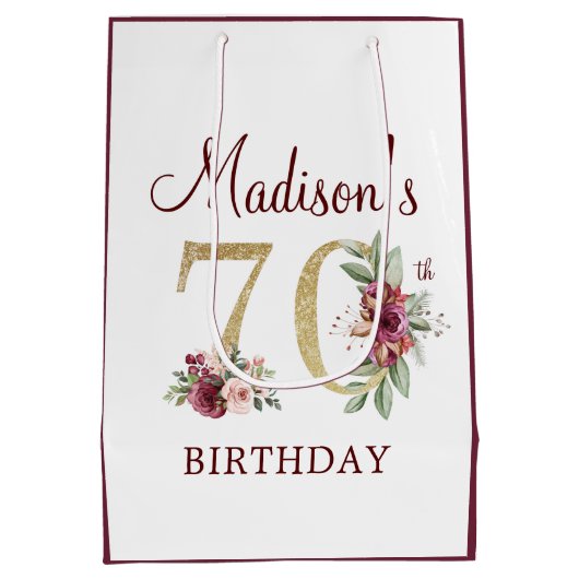 70e verjaardag Bourgogne Gold Floral gepersonalise Medium Cadeauzakje (Achterkant)
