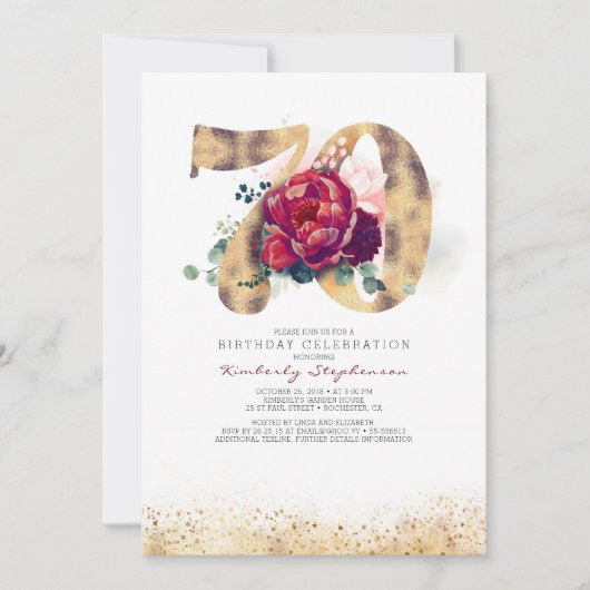 70e verjaardag Bourgogne Rood en Goud Glitter Kaart (Voorkant)