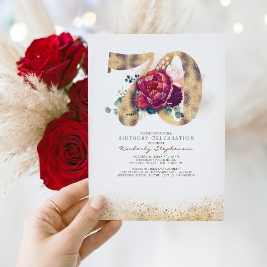 70e verjaardag Bourgogne Rood en Goud Glitter Kaart