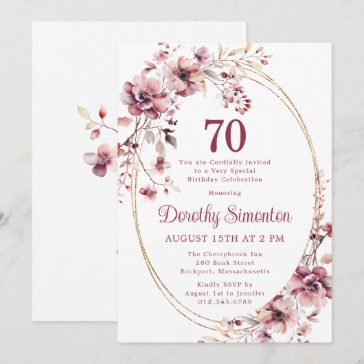 70e verjaardag Bourgondië Blush Roze Wildflower Kaart (Voorkant / Achterkant)