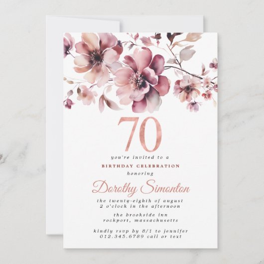 70e verjaardag Bourgondië Dusty Blush Pink Floral Kaart (Voorkant)