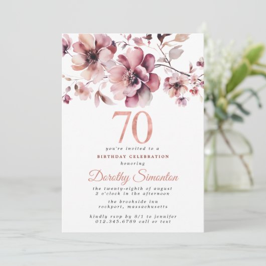 70e verjaardag Bourgondië Dusty Blush Pink Floral Kaart (Staand voorkant)