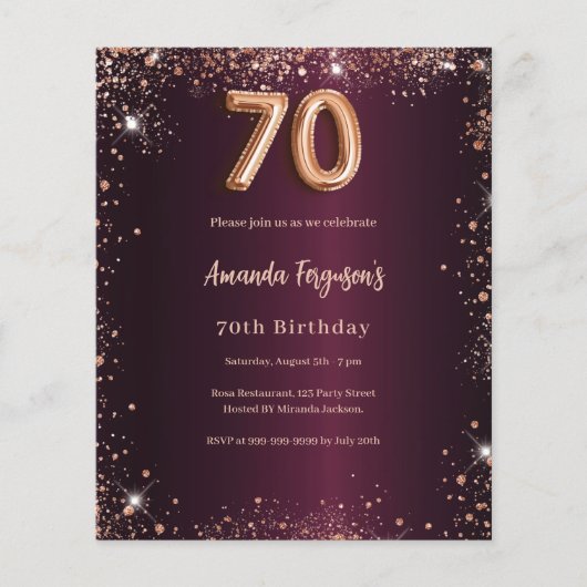 70e verjaardag Bourgondië gouden uitnodiging (Voorkant)