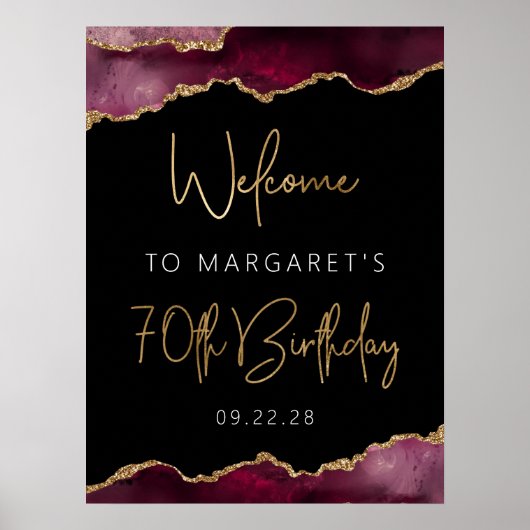 70e verjaardag Burgundy Gold Agate Welkom Poster (Voorkant)