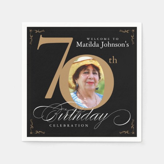 70e verjaardag Calligrafie Elegant Black Gold Phot Servet (Voorkant)