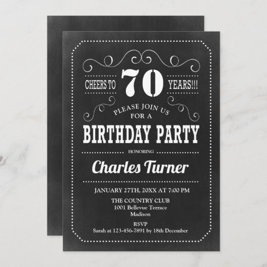 70e verjaardag - Chalkboard Black White Kaart (Voorkant / Achterkant)