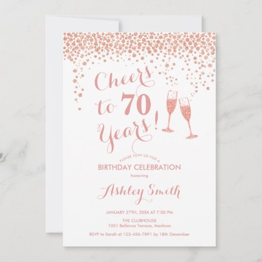 70e verjaardag - Cheers tot 70 jaar Roos Gold Whit Kaart (Voorkant)