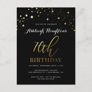 70e verjaardag Chic Black & Gold Star Confetti Uitnodiging Briefkaart