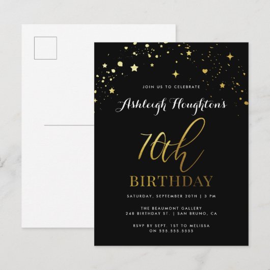 70e verjaardag Chic Black & Gold Star Confetti Uitnodiging Briefkaart (Voorkant / Achterkant)