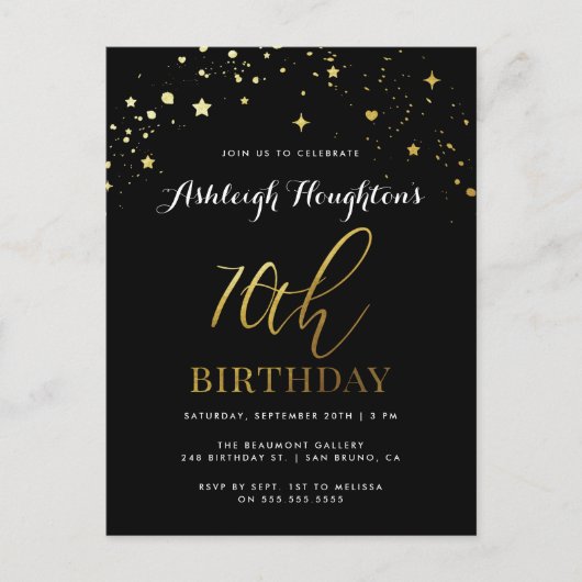 70e verjaardag Chic Black & Gold Star Confetti Uitnodiging Briefkaart (Voorkant)