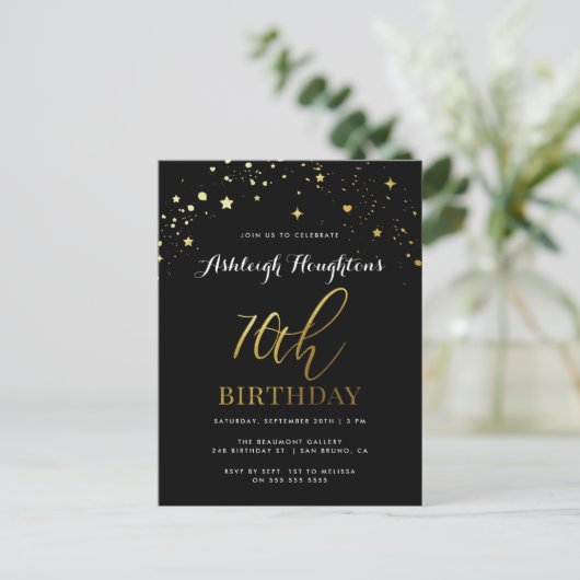 70e verjaardag Chic Black & Gold Star Confetti Uitnodiging Briefkaart (Staand voorkant)