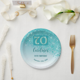 70e verjaardag Chic Falling Blauwgroen Blue Glitte Papieren Bordje