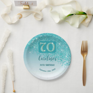 70e verjaardag Chic Falling Blauwgroen Blue Glitte Papieren Bordje