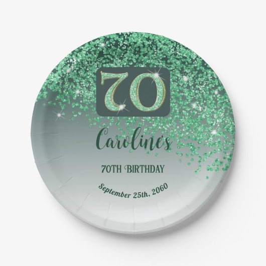 70e verjaardag Chic Falling Green Glitter Papieren Bordje (Voorkant)