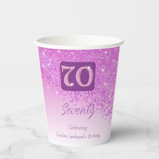 70e verjaardag Classy Falling Pink Glitter Papieren Bekers (Voorkant)