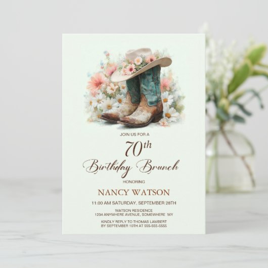 70e Verjaardag Cowgirl Boots Verjaardag Brunch Kaart (Staand voorkant)