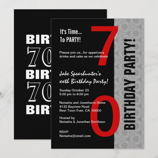 70e Verjaardag Deel Modern Rood Zilver Zwart W1792 Kaart (Voorkant / Achterkant)