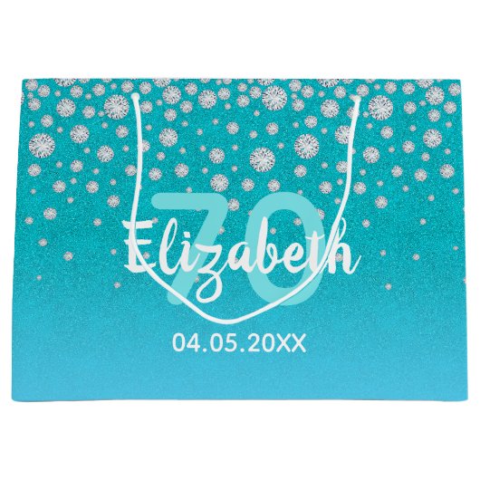 70e verjaardag diamanten glitter op blauwgroen bla groot cadeauzakje (Voorkant)