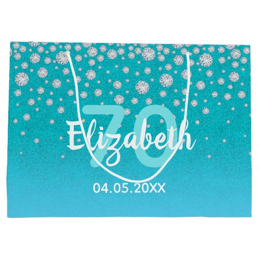 70e verjaardag diamanten glitter op blauwgroen bla groot cadeauzakje (Achterkant)