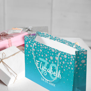 70e verjaardag diamanten glitter op blauwgroen bla groot cadeauzakje