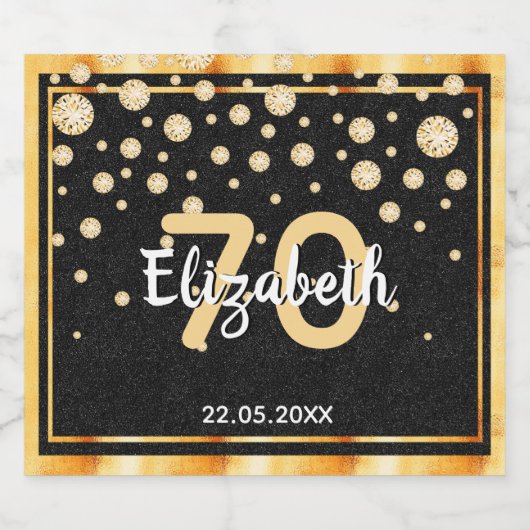 70e verjaardag diamanten glitter zwart goud sparkling wijnetiket (Enkel label)