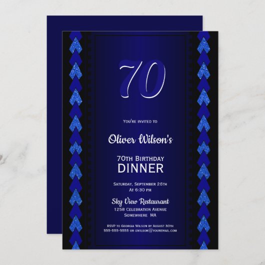 70e verjaardag Dinner Black en Blue Party Kaart (Voorkant / Achterkant)