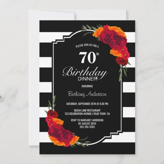 70e verjaardag Dinner Black White Striped Floral Kaart (Voorkant)