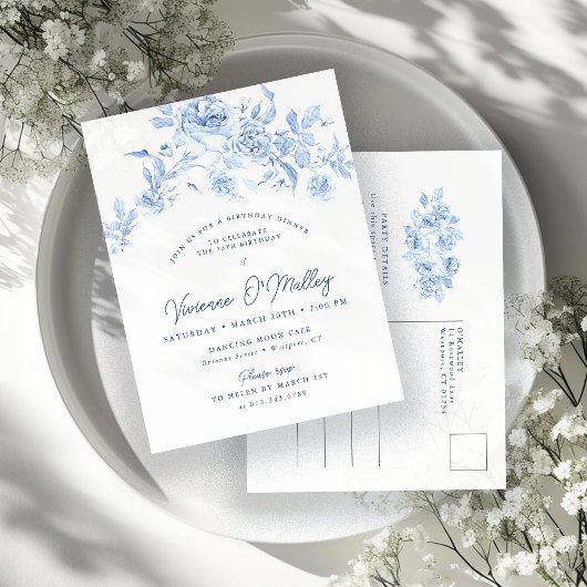 70e verjaardag Dinner Party Blauwe Bloemen Uitnodiging Briefkaart