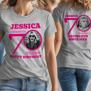 70e verjaardag dubbelzijdige foto naam roze tekst t-shirt