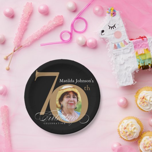 70e verjaardag Elegant Black Gold Calligrafie Foto Papieren Bordje (Feest)