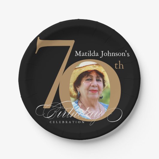 70e verjaardag Elegant Black Gold Calligrafie Foto Papieren Bordje (Voorkant)